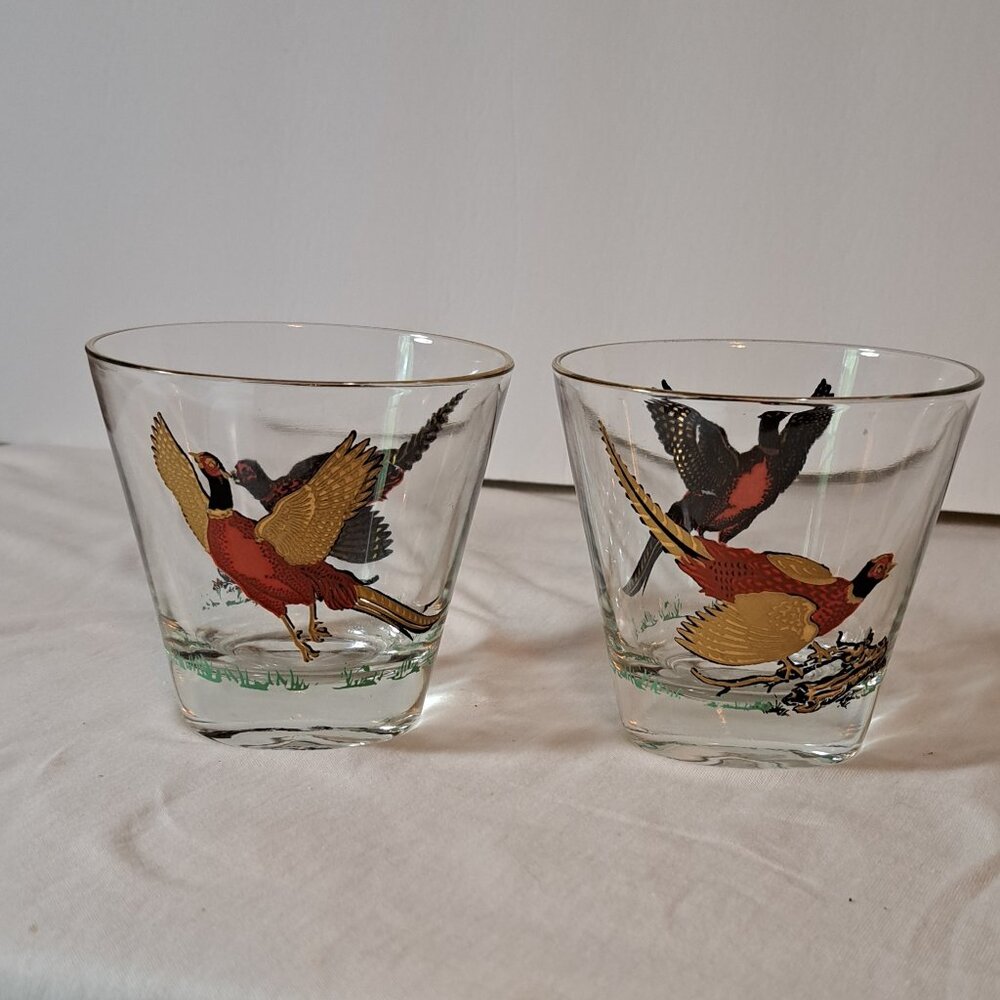 Hazel Atlas Pheasant Gold Red Whiskey Hunting Barware Old Fashion Glasses Set 2